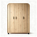 Three-door wooden wardrobe with curved top design and black handles