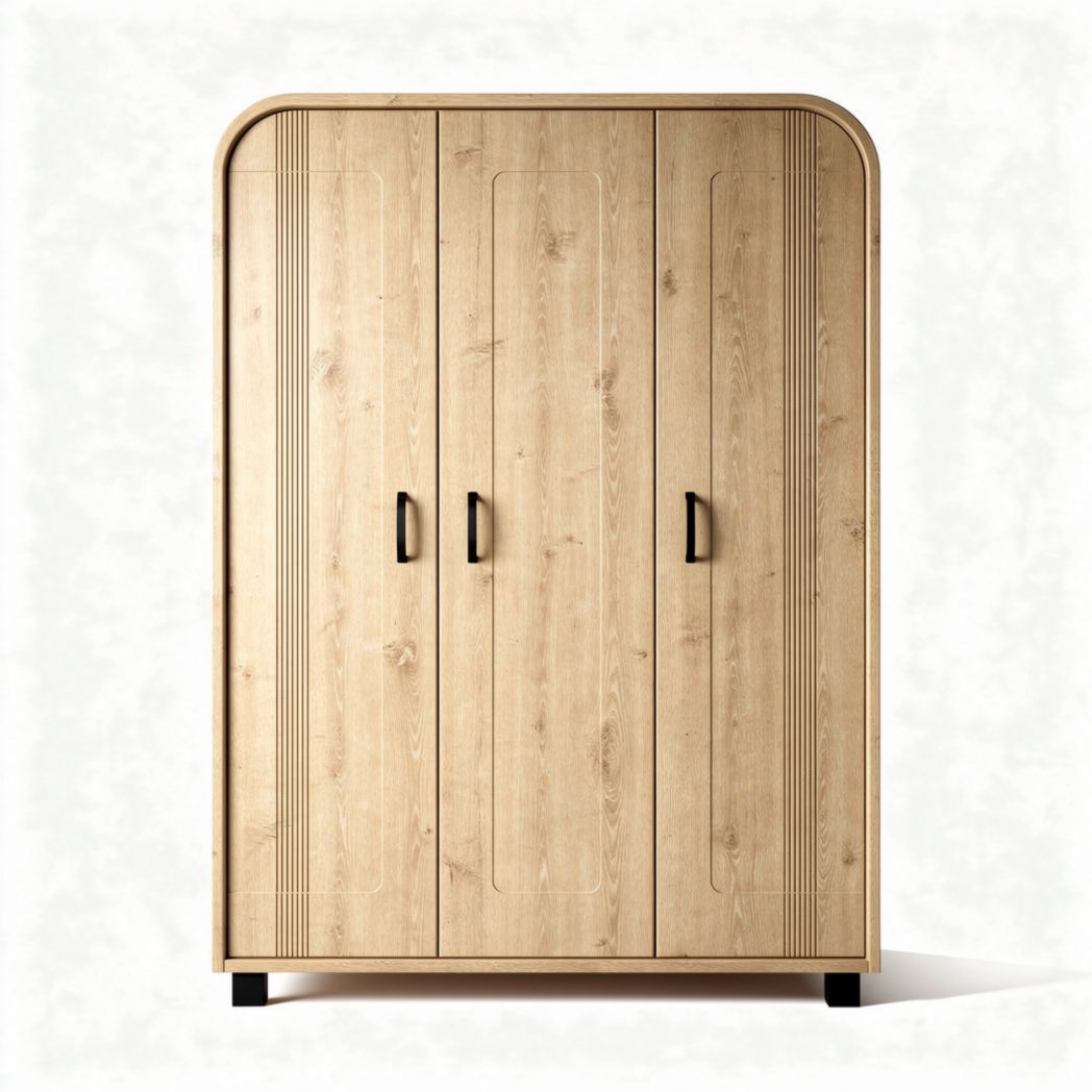 Three-door wooden wardrobe with curved top design and black handles