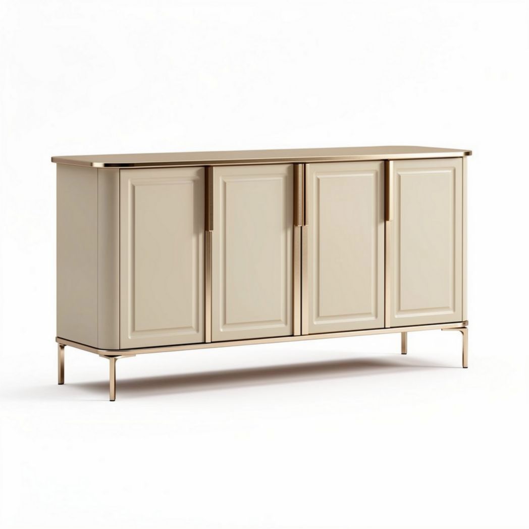 Cream storage cabinet with four doors and metallic legs 150 x 45 x 75cm