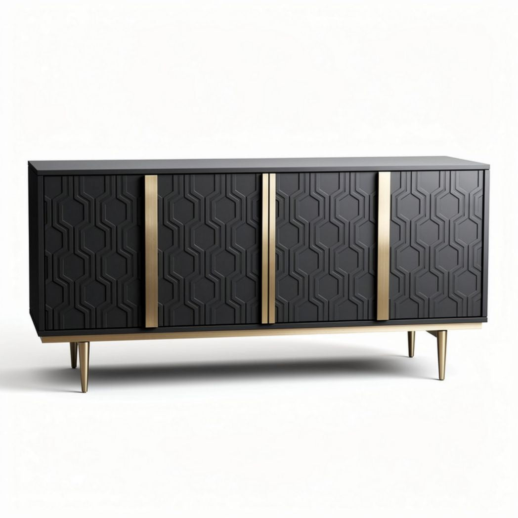 Geometric patterned black sideboard storage cabinet with brass handles 150 x 40 x 70cm