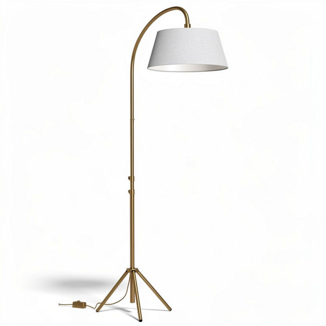 Arc floor lamp with white shade and tripod base 62 inches tall