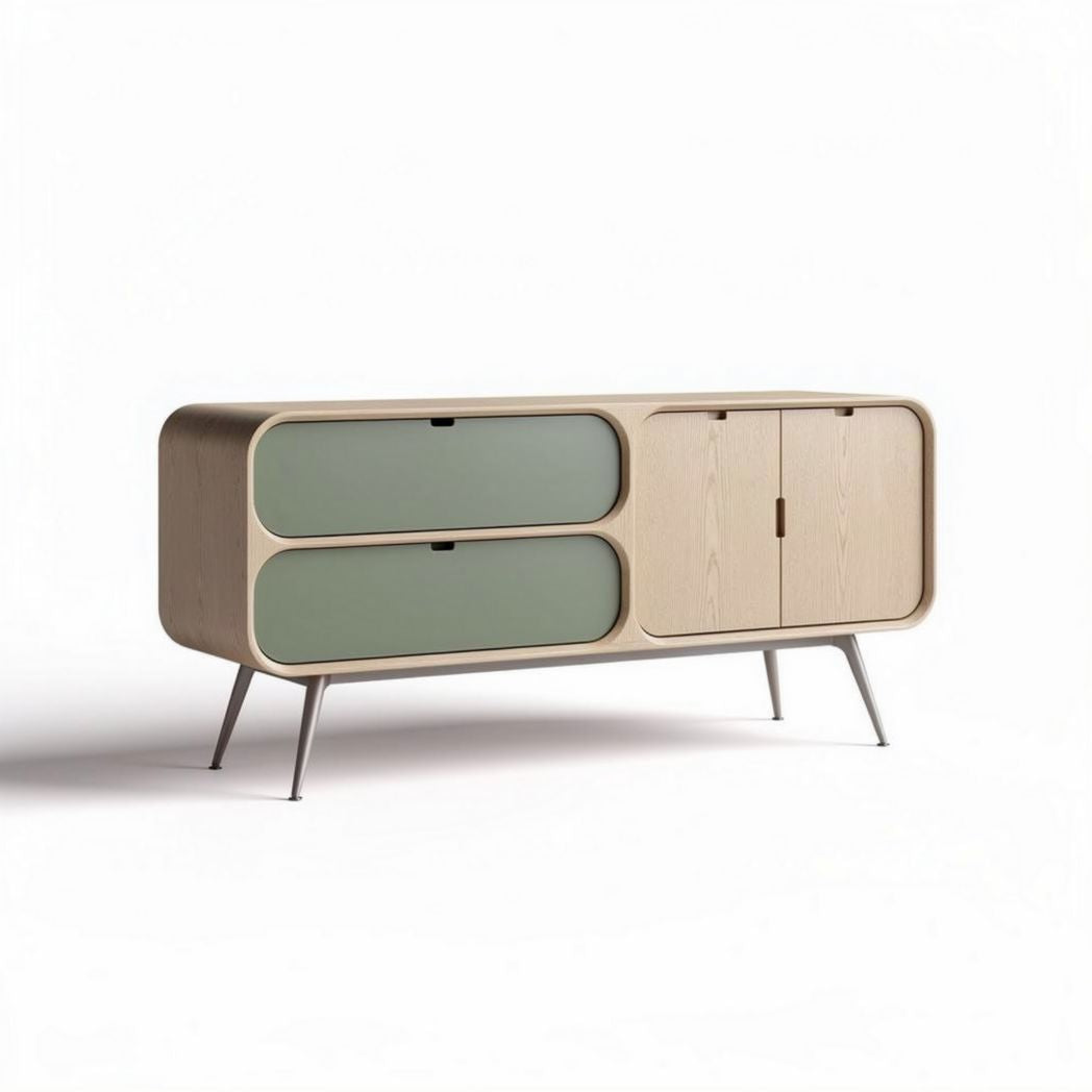Wooden sideboard with green glass doors and metal legs 160 x 40 x 70cm