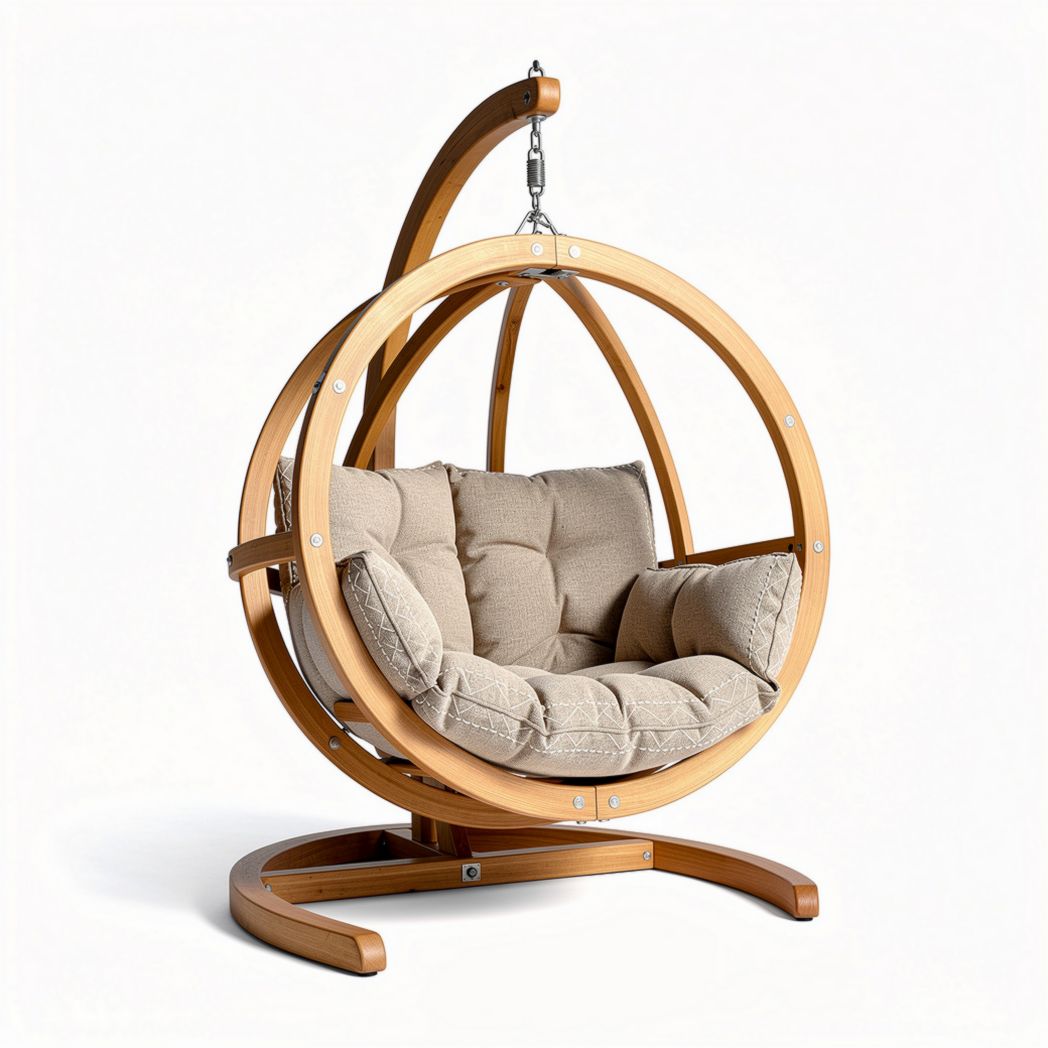 Hanging egg chair with wooden frame and soft cushion for indoor or outdoor use