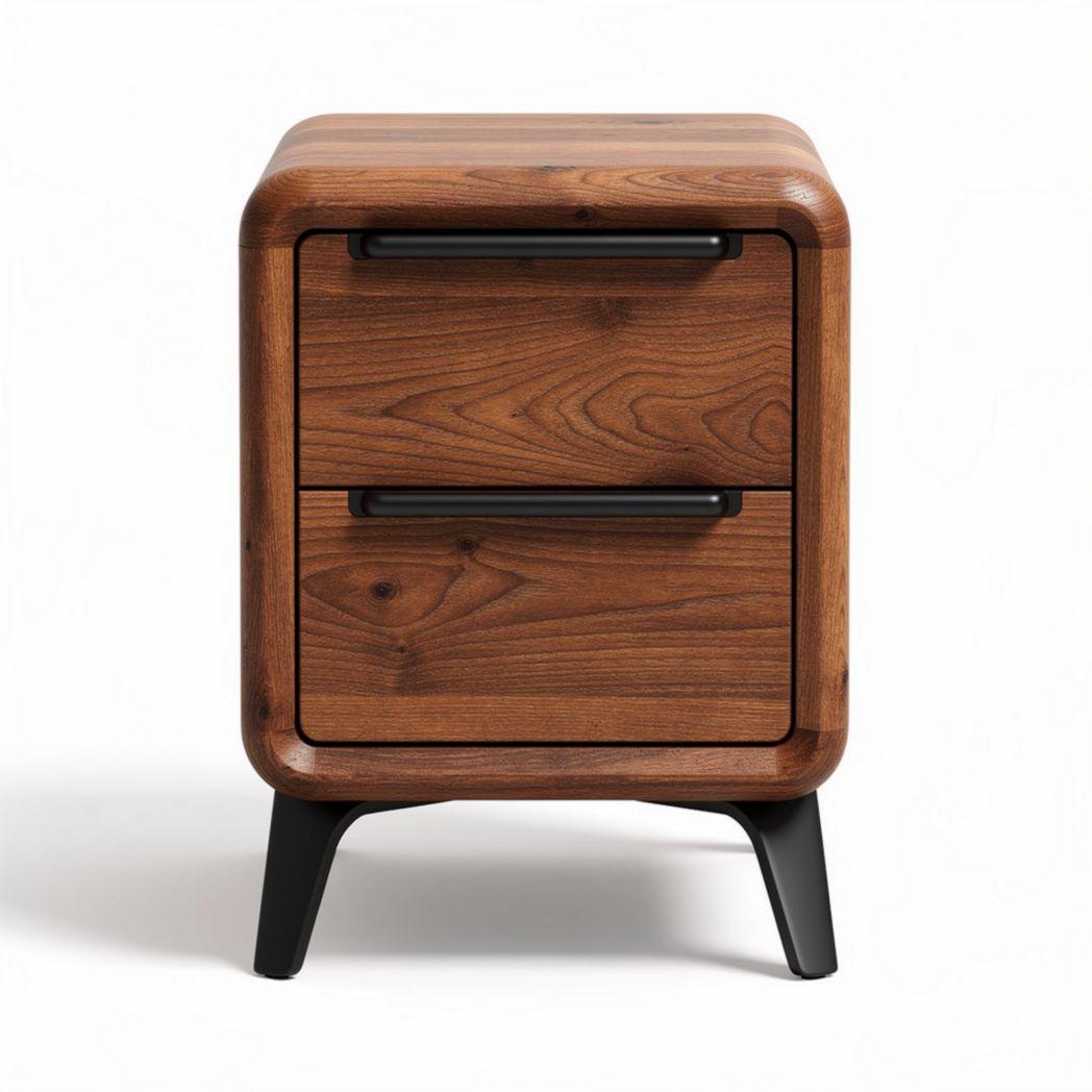 Wooden nightstand with two drawers in walnut finish and black metal legs 45 x 40 x 50cm