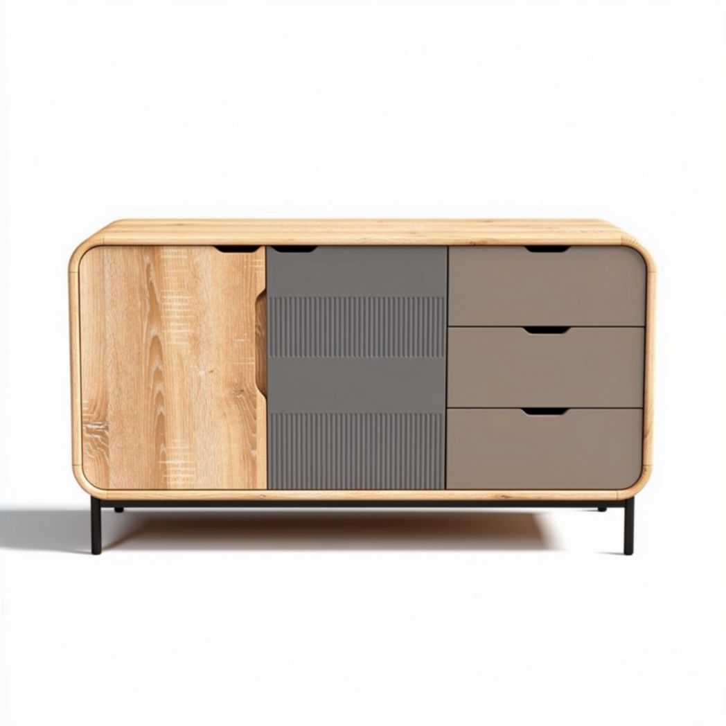 Wooden sideboard with gray accents and three storage drawers 120 x 40 x 75cm