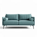 Modern teal fabric sofa with cylindrical armrests and sturdy metal legs 180 x 85 x 75cm