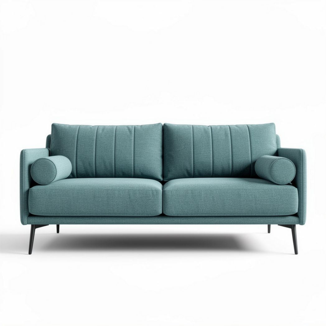 Modern teal fabric sofa with cylindrical armrests and sturdy metal legs 180 x 85 x 75cm